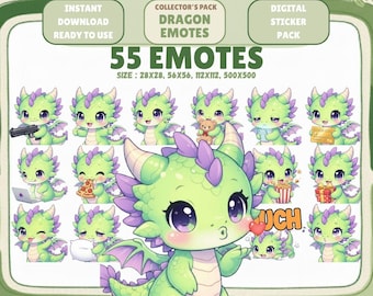 55 gestos de Dragón Verde: Kawaii Chibi para Twitch Discord (Descarga digital)