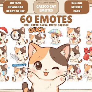 Pacchetto PNG di 60 emoticon Kawaii di gatti calico: emoticon chibi per Twitch e Discord (download digitale)