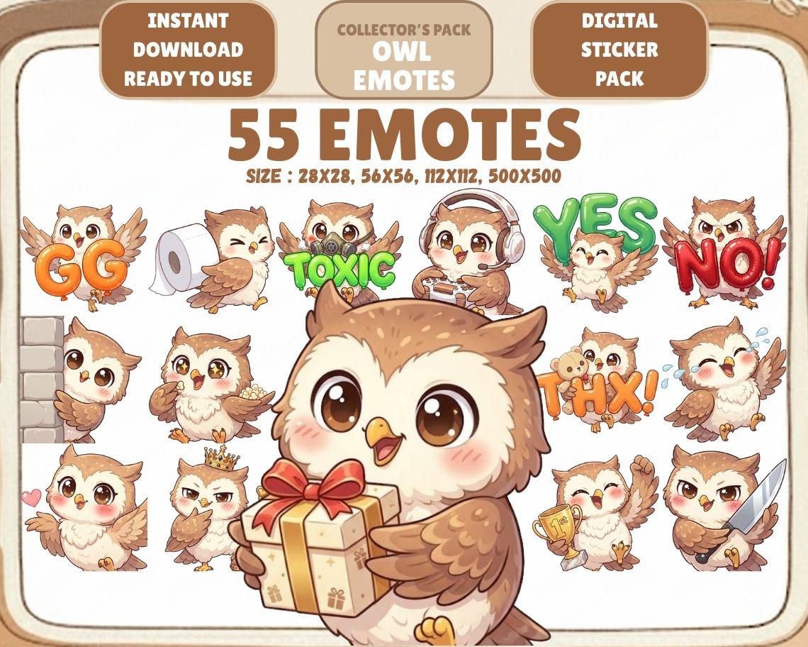 55 Kawaii Owl Emotes PNG Pack: Chibi Twitch Discord Emotes (Digital Download)