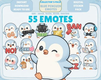 Pode incluir: Um pacote de adesivos digitais com 55 emotes de pinguins azuis com várias expressões e adereços. Os emotes incluem texto como "GG", "NO!" e "BAN". O pacote está disponível para download instantâneo.