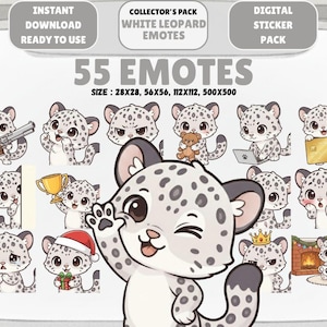 May include: A digital sticker pack featuring 55 white leopard emotes. The emotes include various expressions and actions, such as holding a gun, a trophy, and a laptop. The size of the emotes is 28x28, 56x56, 112x112, and 500x500 pixels.