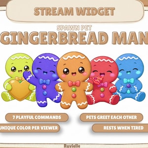 May include: A digital stream widget graphic titled STREAM WIDGET SPAWN PET GINGERBREAD MAN featuring five colorful gingerbread characters in lime green, purple, tan, red, and blue, with text boxes listing features like 7 PLAYFUL COMMANDS.