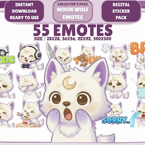 Pode incluir: Pacote de adesivos digitais com 55 emotes Moon Wolf. Os emotes retratam um lobo branco com detalhes roxos, expressando várias emoções. O texto inclui "TOXIC", "BRB" e "SORRY".