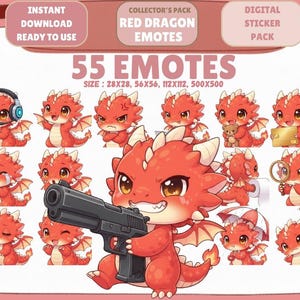 May include: A digital sticker pack featuring 55 red dragon emotes. The image includes various dragon illustrations with different expressions and actions, such as holding a gun, playing games, and crying. Text on the image says "Instant Download Ready to Use".