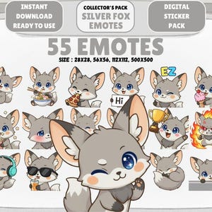 Puede incluir: Un paquete de pegatinas digitales con 55 emoticonos de zorro plateado. Los emoticonos representan un zorro de dibujos animados en varias poses, como comiendo pizza, con palillos chinos y con gafas de sol. El paquete incluye el texto "DESCARGA INSTANTÁNEA LISTO PARA USAR".