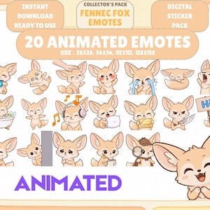 以下が含まれることがあります： 様々な表情や動作をするフェネックギツネの20個のアニメーション絵文字のデジタルコレクション。テキストには、Collector's Pack Fennec Fox Emotes、20 Animated Emotes、Size: 28x28, 56x56, 112x112, 128x128、Instant Download、Animatedと記載されています。