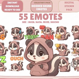 May include: A digital sticker pack with 55 hooded skunk emotes. The skunks are in different poses and expressions, wearing a pink hoodie. Text includes "GG", "EZ", "OUCH", and "TOXIC BAN". Stickers are available for instant download and ready to use.