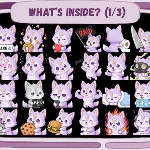 May include: A collection of purple wolf stickers with various expressions and props, including popcorn, a heart, a knife, and a gas mask. The text "WHAT'S INSIDE? (1/3)" is at the top. The stickers are in a purple frame.