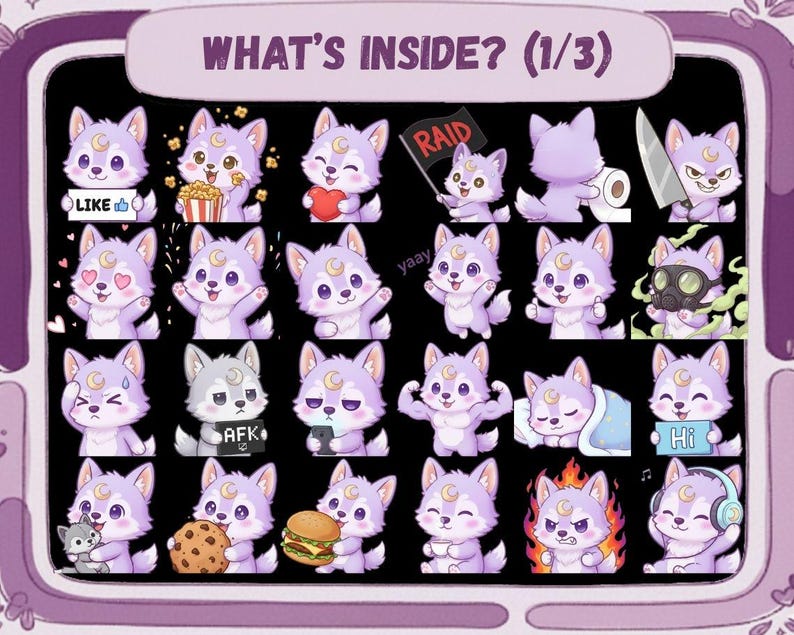 May include: A collection of purple wolf stickers with various expressions and props, including popcorn, a heart, a knife, and a gas mask. The text "WHAT'S INSIDE? (1/3)" is at the top. The stickers are in a purple frame.