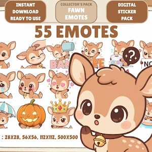 55 Kawaii Fawn Emotes PNG Pack: Chibi Twitch Discord Emotes (Digital Download)