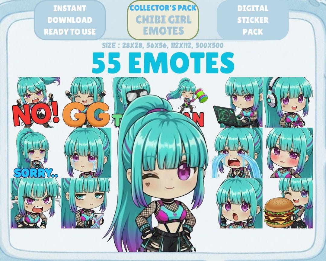 60 Kawaii Chibi Girl Blue Violet Emotes PNG Pack: Twitch Discord Emotes ...