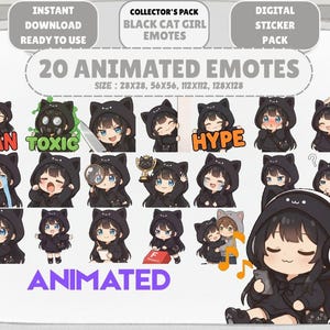 20 Animated Black Cat Girl Emotes GIF Pack: Chibi Twitch Discord Emotes (Digital Download)