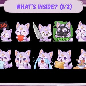 May include: A collection of cartoon wolf stickers with various expressions and props. The stickers feature a light purple wolf with a crescent moon on its forehead. The wolf is shown holding a heart, a knife, and a flag that says "RAID". The text "WHAT'S INSIDE? (1/2)" is at the top.