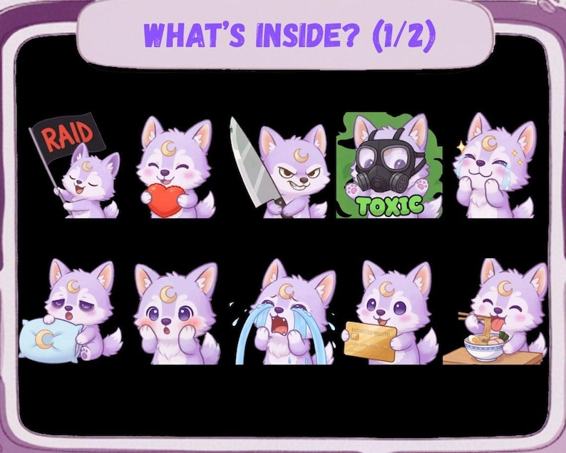 May include: A collection of cartoon wolf stickers with various expressions and props. The stickers feature a light purple wolf with a crescent moon on its forehead. The wolf is shown holding a heart, a knife, and a flag that says "RAID". The text "WHAT'S INSIDE? (1/2)" is at the top.