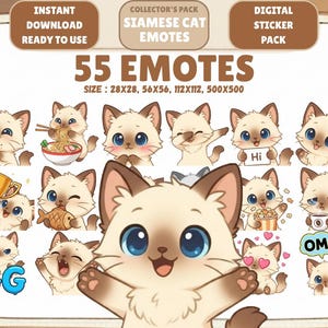 55 kawaii siamesiska katt-emotes PNG-paket: Chibi Twitch Discord-emotes (digital nedladdning)