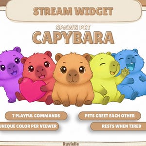 May include: A digital graphic titled STREAM WIDGET SPAWN PET CAPYBARA featuring five cartoon capybaras in purple, red, brown, yellow, and blue. Text includes 7 PLAYFUL COMMANDS, PETS GREET EACH OTHER, UNIQUE COLOR PER VIEWER, and RESTS WHEN TIRED.
