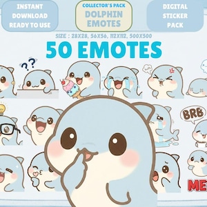 Pode incluir: Um pacote de adesivos digitais com 50 emotes de golfinhos com várias expressões. Os emotes são azuis claros e incluem texto como "BRB" e "ME?!". O pacote é um item de colecionador e está pronto para uso.