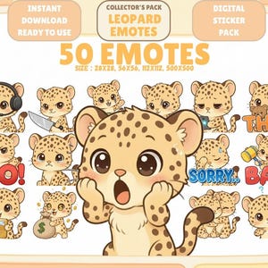 May include: A digital sticker pack featuring 50 leopard emotes. The emotes display various expressions and actions, including holding a knife, a credit card, and a money bag. Text includes "Instant Download" and "Ready to Use."