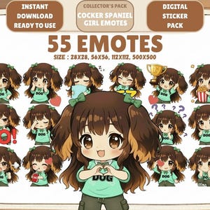 May include: Digital sticker pack featuring 55 Cocker Spaniel girl emotes. The emotes showcase a cartoon girl with brown and tan hair, wearing a mint green shirt with the word "DOG". Emotes include various expressions and actions, such as holding a trophy or popcorn.