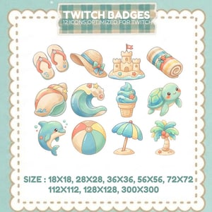 May include: A set of 12 beach-themed Twitch badges. The badges feature a pair of flip-flops, a sun hat, a sandcastle, a rolled-up towel, a seashell, a wave, an ice cream cone, a turtle, a dolphin, a beach ball, a parasol, and a palm tree.