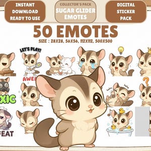 May include: A digital sticker pack featuring 50 sugar glider emotes. The emotes showcase various expressions and activities, including playing tennis, wearing a gas mask, and taking a bath. Text includes "Instant Download," "Ready to Use," and "Collector's Pack."