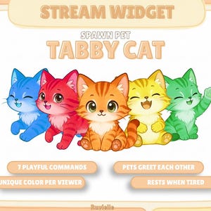 May include: A digital stream widget graphic featuring five cartoon tabby cats in blue, pink, orange, yellow, and green. Text reads: STREAM WIDGET, SPAWN PET, TABBY CAT, 7 PLAYFUL COMMANDS, PETS GREET EACH OTHER, UNIQUE COLOR PER VIEWER, RESTS WHEN TIRED, Ruvielle.
