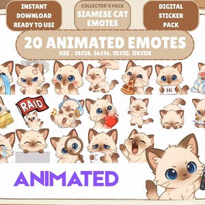 Paquete de 20 GIF animados de emoticonos de gato siamés: emoticonos chibi para Twitch y Discord (descarga digital)