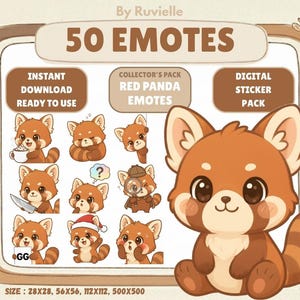 May include: Digital sticker pack featuring 50 red panda emotes. The image includes various cartoon red pandas with different expressions and poses. Text on the image reads "Instant Download Ready to Use" and "Collector's Pack Red Panda Emotes". The size is 28x28, 56x56, 112x112, and 500x500.