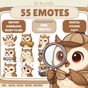 Pack de 55 émoticônes hibou kawaii au format PNG : émoticônes chibi Twitch et Discord (téléchargement numérique)