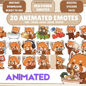 Könnte beinhalten: Ein digitales Sticker-Paket mit 20 animierten Rotpanda-Emotes. Die Emotes zeigen verschiedene Aktionen und Ausdrücke, wie Weinen, Kopfhörer tragen und Ramen essen. Text enthält "Sofort-Download" und "Animiert".