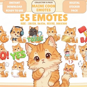 Pode incluir: Pacote de adesivos digitais com 55 emotes de gatos Maine Coon. As ilustrações mostram um gato tigrado laranja em várias poses, incluindo com fones de ouvido, segurando um controle e exibindo textos como "GG" e "YES".