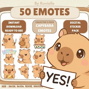 May include: Digital sticker pack featuring 50 capybara emotes. The image includes various capybara illustrations with different expressions and actions, such as holding a knife, eating a cookie, and holding a sign that says "YES!". The text "INSTANT DOWNLOAD READY TO USE" is also visible.