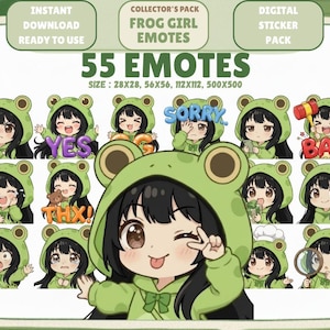 May include: A digital sticker pack featuring 55 frog girl emotes. The emotes showcase a girl with black hair wearing a green frog hoodie, expressing various emotions. The image includes text that says "Instant Download" and "Collector's Pack".