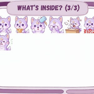 May include: A digital illustration featuring a series of cartoon wolf characters with crescent moon symbols on their foreheads. The characters display various expressions, including surprise, anger, and frustration. The text "WHAT'S INSIDE? (3/3)" is at the top.