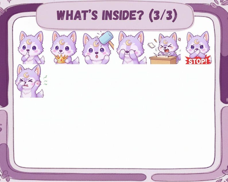 May include: A digital illustration featuring a series of cartoon wolf characters with crescent moon symbols on their foreheads. The characters display various expressions, including surprise, anger, and frustration. The text "WHAT'S INSIDE? (3/3)" is at the top.