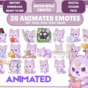 May include: A digital sticker pack featuring 20 animated emotes of a purple wolf with a crescent moon. The emotes include various expressions and actions, such as holding a heart, crying, and wearing headphones. The text "ANIMATED" is at the bottom.