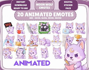 20 Animated Kawaii Moon Wolf Emotes GIF Pack: Chibi Twitch Discord Emotes (Digital Download)