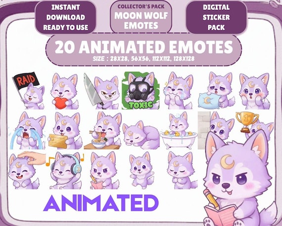 20 Animated Kawaii Moon Wolf Emotes GIF Pack: Chibi Twitch Discord Emotes (Digital Download)