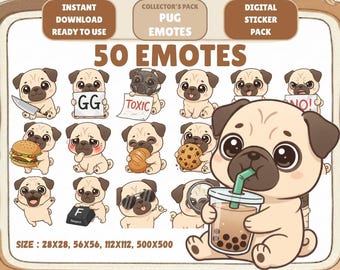 May include: Digital sticker pack featuring 50 pug emotes. The pugs are depicted in various poses and expressions, holding items like a knife, burger, and cookie. The image includes text that says "Instant Download Ready to Use".