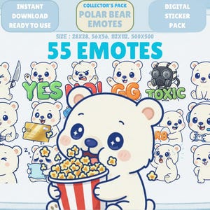 May include: A digital sticker pack featuring 55 polar bear emotes. The emotes include various expressions and actions, such as holding a knife, saying "YES", wearing a gas mask, and eating popcorn. The text "INSTANT DOWNLOAD" and "READY TO USE" is also visible.