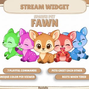 May include: A digital stream widget graphic titled STREAM WIDGET SPAWN PET FAWN featuring five cartoon fawns in green, pink, brown, red, and blue. Text includes 7 PLAYFUL COMMANDS, PETS GREET EACH OTHER, UNIQUE COLOR PER VIEWER, and RESTS WHEN TIRED.