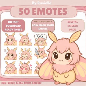 May include: A digital sticker pack with 50 emotes of a Rosy Maple Moth character. The emotes are in various poses and expressions, with a soft pink and yellow colour palette. The text on the image reads "50 Emotes", "Instant Download", and "Collector's Pack".
