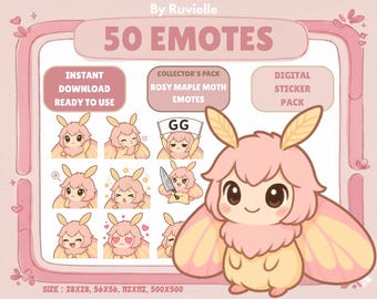 Paquete de 50 emoticones de Polilla de Arce Rosada: Emoticones Kawaii Chibi para Twitch/Discord (PNG, descarga digital)