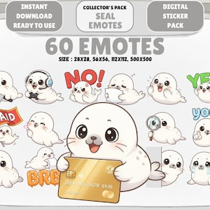 May include: A digital sticker pack with 60 seal emotes. The white seals display different expressions and hold items such as a knife, controller, and magnifying glass. Text includes "NO!", "YES!", and "RAID". The size of the emotes is 28x28, 56x56, 112x112, and 500x500.