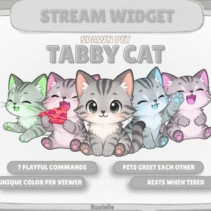 以下が含まれることがあります： STREAM WIDGET SPAWN PET TABBY CATというタイトルのデジタルグラフィックで、様々なポーズをとる5匹のグレーのトラ猫の子猫が描かれています。テキストには、7 PLAYFUL COMMANDS、PETS GREET EACH OTHER、UNIQUE COLOR PER VIEWER、RESTS WHEN TIREDと書かれています。1匹の子猫がピザを一切れ持っています。