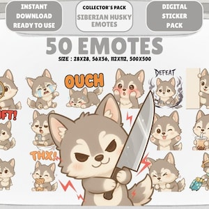 Puede incluir: Un paquete de pegatinas digitales con 50 emoticonos de Husky siberiano. Los emoticonos muestran varias expresiones, como llorar, sostener una lupa y sostener un cuchillo. El texto incluye "Descarga instantánea" y "Paquete de coleccionista".