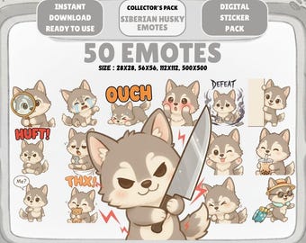 50 Kawaii Siberian Husky Dog Emotes PNG Pack: Chibi Twitch Discord Emotes (Digital Download)