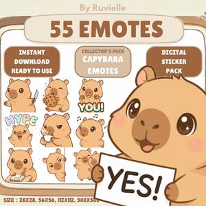 Paquete de 55 emoticonos Kawaii Capybara: Emotes Chibi para Twitch/Discord (Descarga digital PNG)