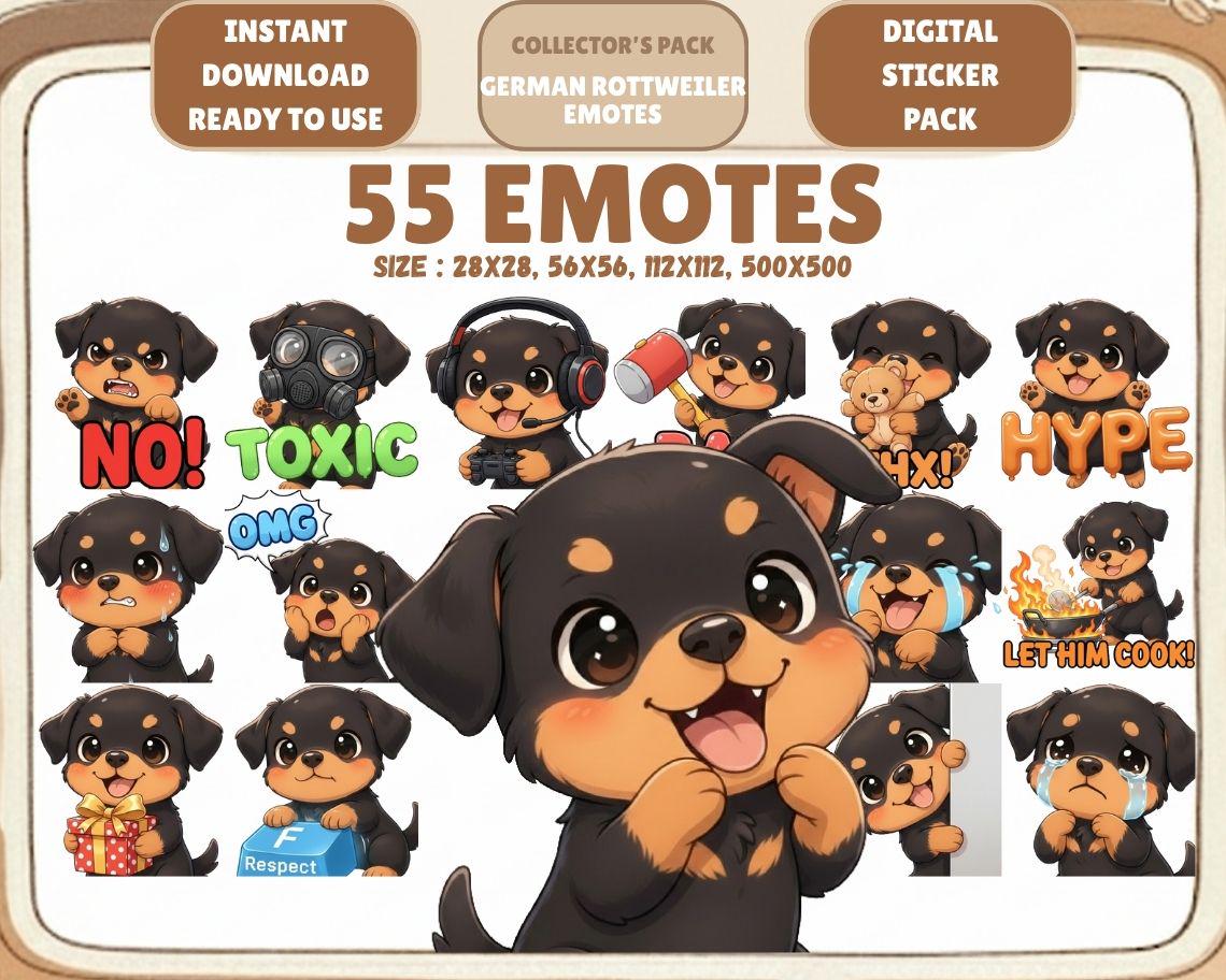 55 Kawaii German Rottweiler Dog Emotes PNG Pack: Chibi Twitch Discord ...