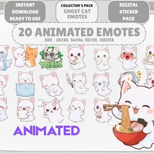 May include: A digital sticker pack featuring 20 animated ghost cat emotes. The emotes depict various expressions and activities, including crying, holding objects, and eating ramen. The word "ANIMATED" is displayed in purple text.